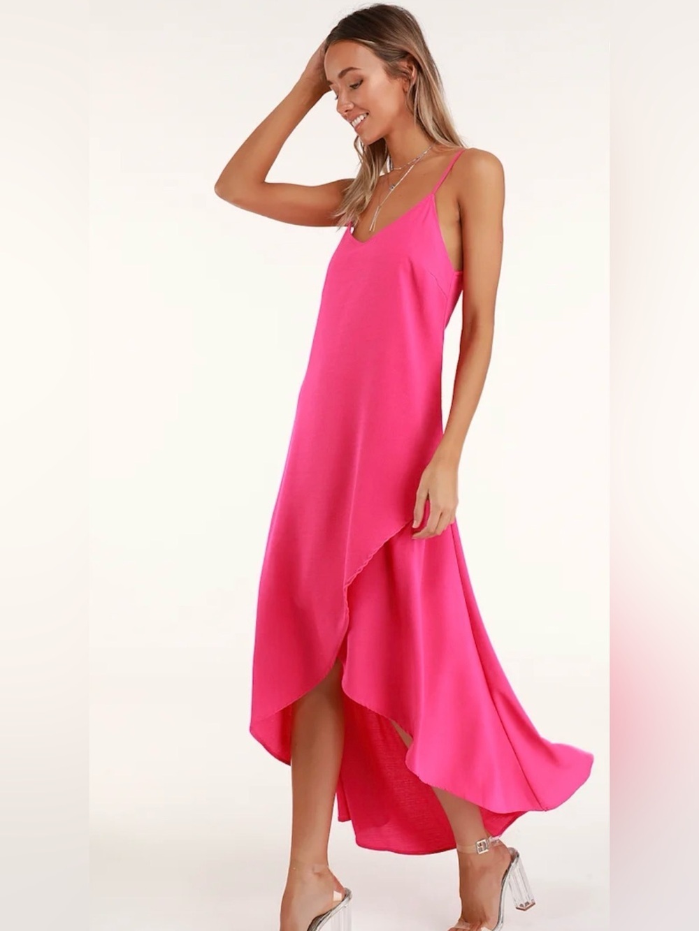 Lulu's Vibrant Hot Pink High-Low Slip Dress
